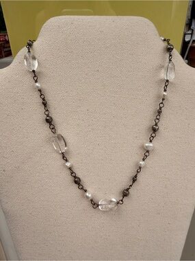 Clear Crystal and Pearl Station Necklace - Unbranded